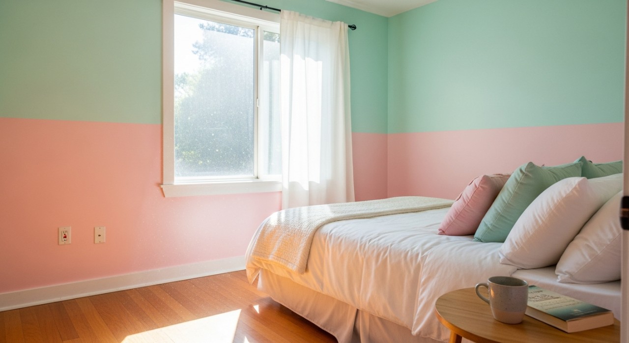 Bilik tidur dengan dinding berwarna pastel yang lembut dan tenang.