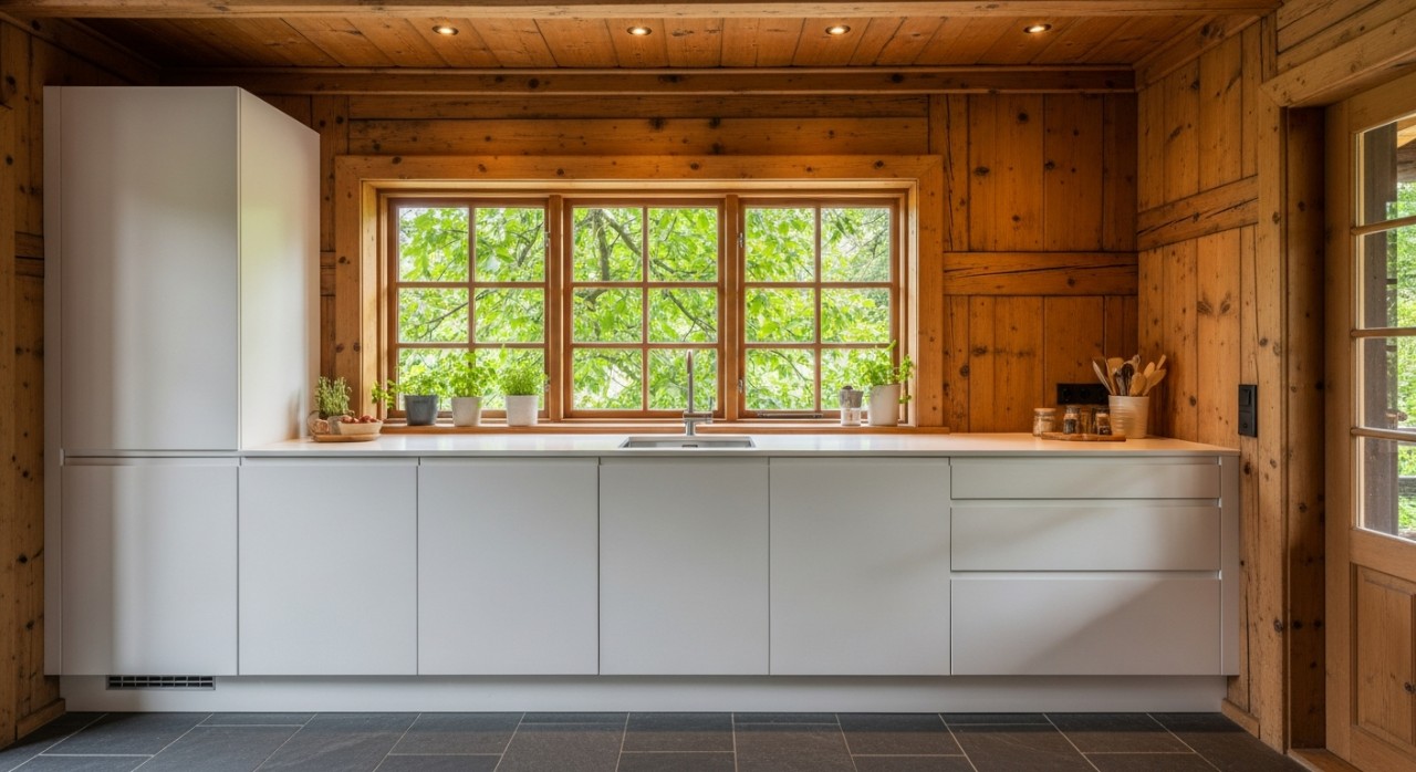 Ruang dapur rumah kayu yang kemas dengan kabinet putih dan tingkap nako menghadap kebun.
