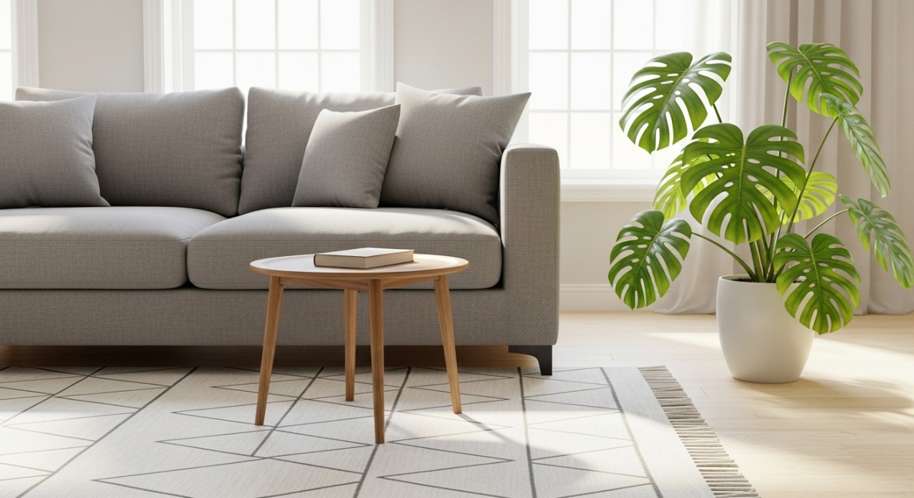 Susunan sofa kelabu dan meja kayu kecil di ruang tamu yang terang.