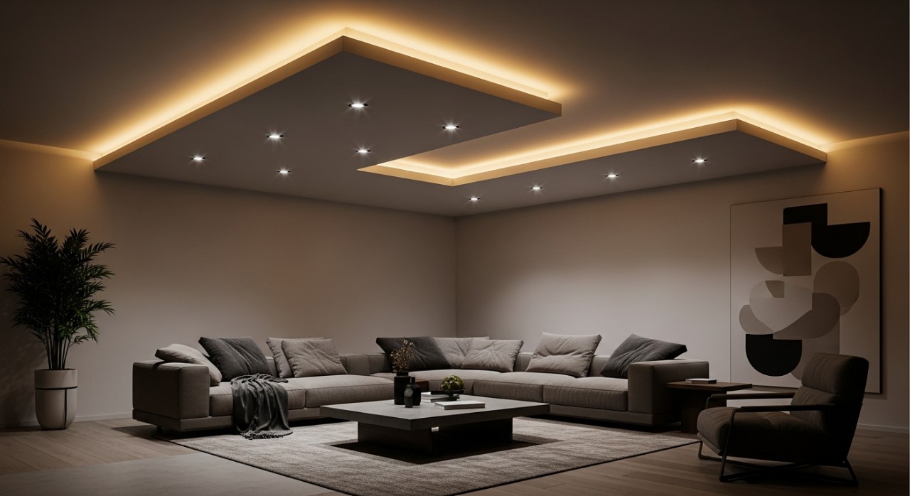 Siling plaster jenis L box dengan lampu LED kuning di ruang tamu kediaman moden.