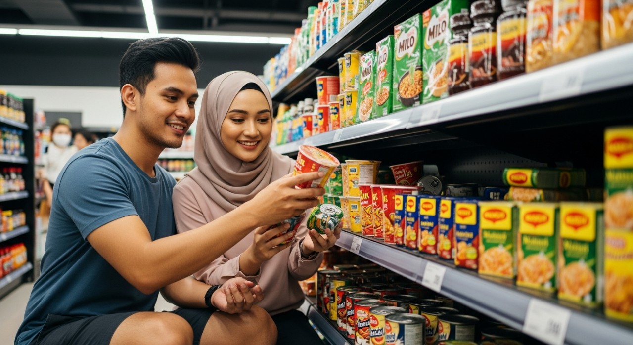 Sepasang suami isteri sedang memilih barang keperluan harian di rak pasar raya.
