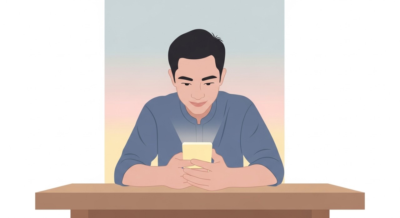 Seorang pemuda sedang menyemak status bantuan kewangan pada skrin telefon pintar.
