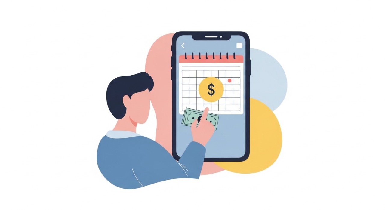 Seseorang sedang melihat paparan kalendar digital pada skrin telefon pintar untuk menyemak tarikh bantuan.