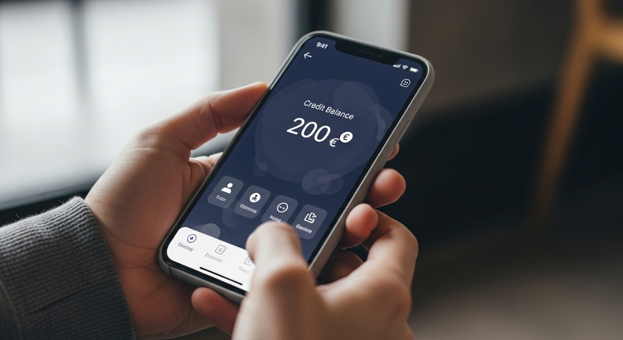 Seorang remaja sedang menggunakan aplikasi dompet digital pada telefon pintar untuk menyemak baki.
