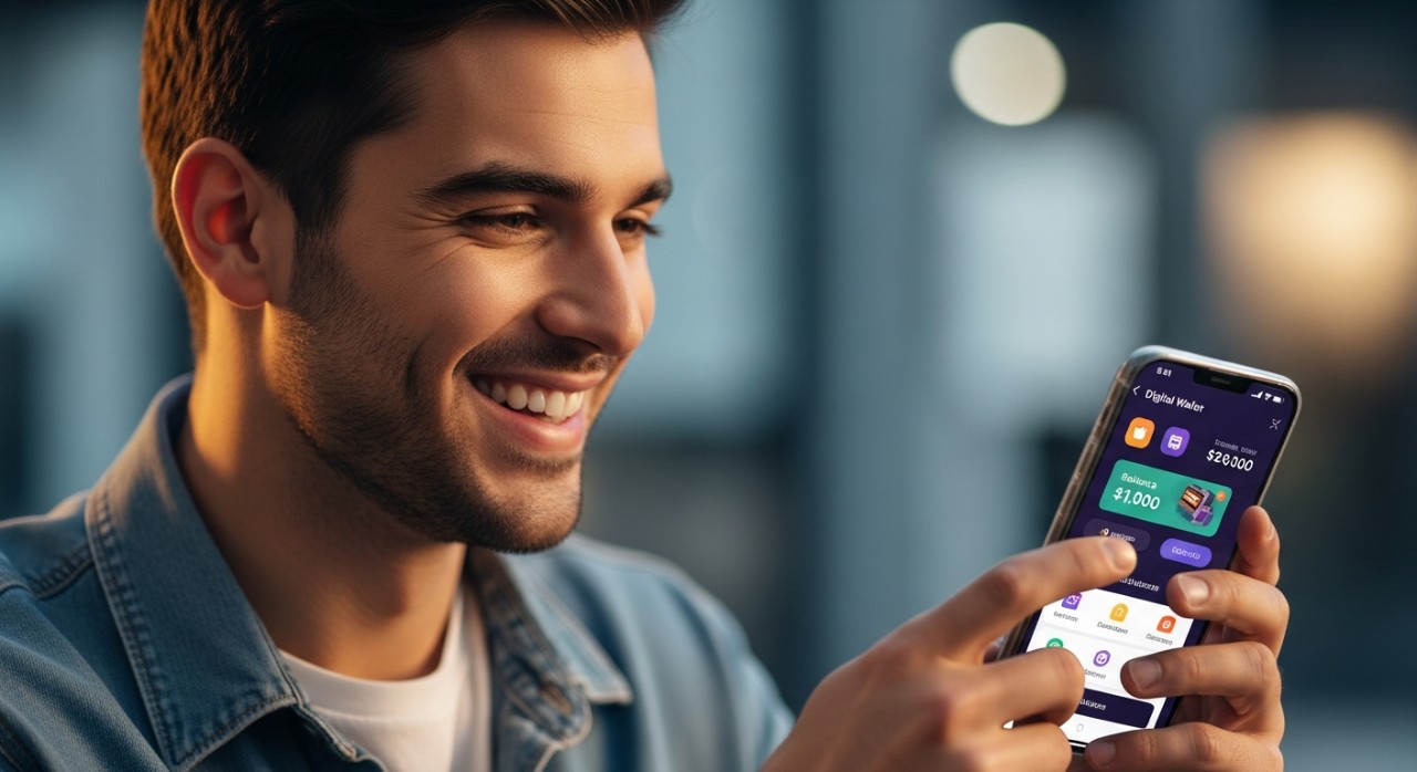 Seorang pemuda tersenyum melihat paparan baki bantuan dalam aplikasi e-wallet.
