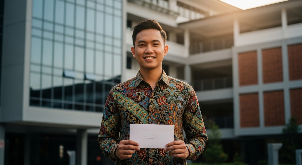 Seorang pelajar universiti dari Sabah memegang sampul surat berisi dana bantuan pendidikan di hadapan bangunan kampus.