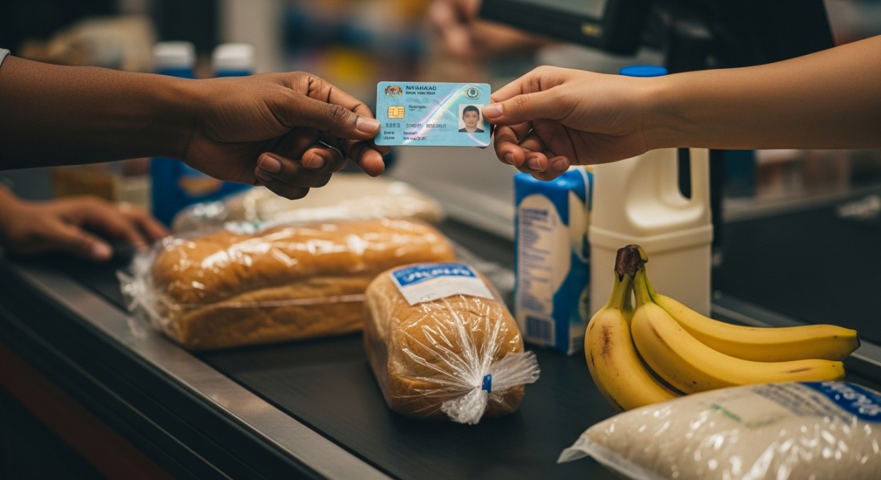 Seorang individu menggunakan MyKad untuk membuat bayaran barangan dapur di kaunter pasar raya.