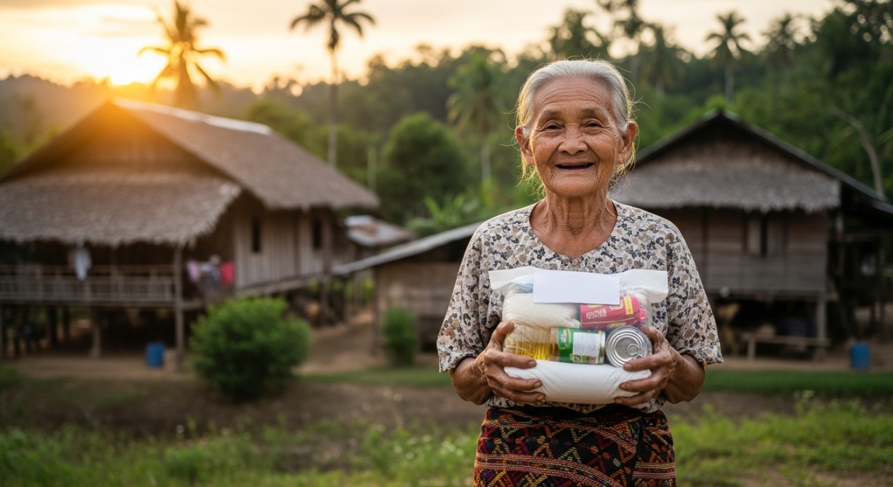 Seorang warga emas tersenyum gembira sambil memegang kotak bantuan makanan di sebuah kampung di Sabah.