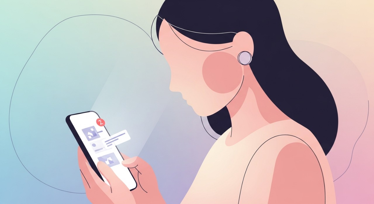 Seorang wanita tersenyum melihat maklumat pembayaran bantuan pada skrin telefon pintar.