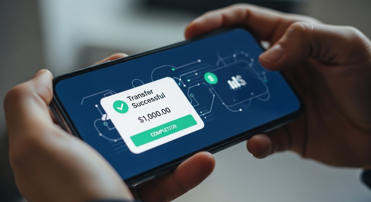 Seorang individu sedang melihat notifikasi pembayaran di skrin telefon pintar