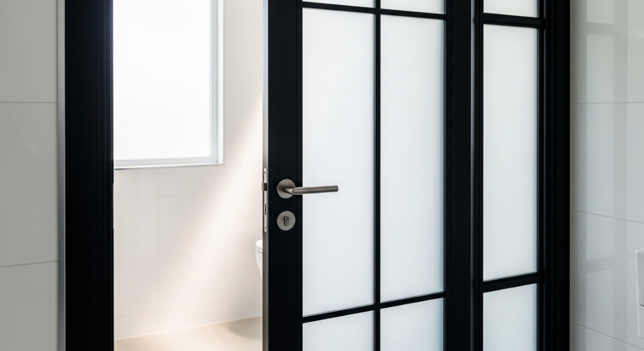 Pintu bilik air berwarna hitam dengan rekaan minimalis di dalam bilik mandi yang cerah.