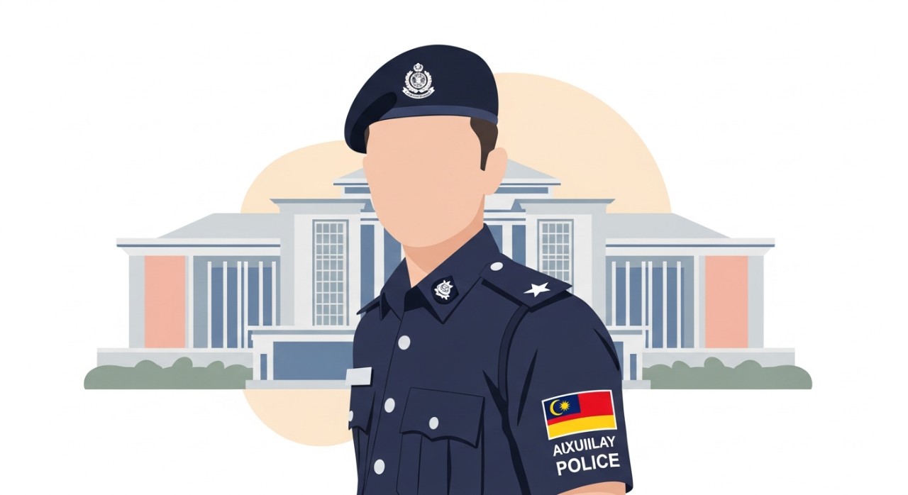 Seorang anggota polis bantuan Sarawak berpakaian seragam lengkap sedang berdiri tegak di hadapan bangunan pentadbiran.