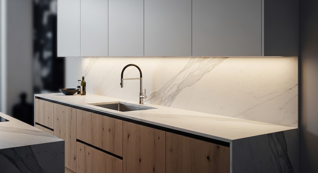 Kabinet dapur putih dengan kemasan kayu yang tersusun rapi