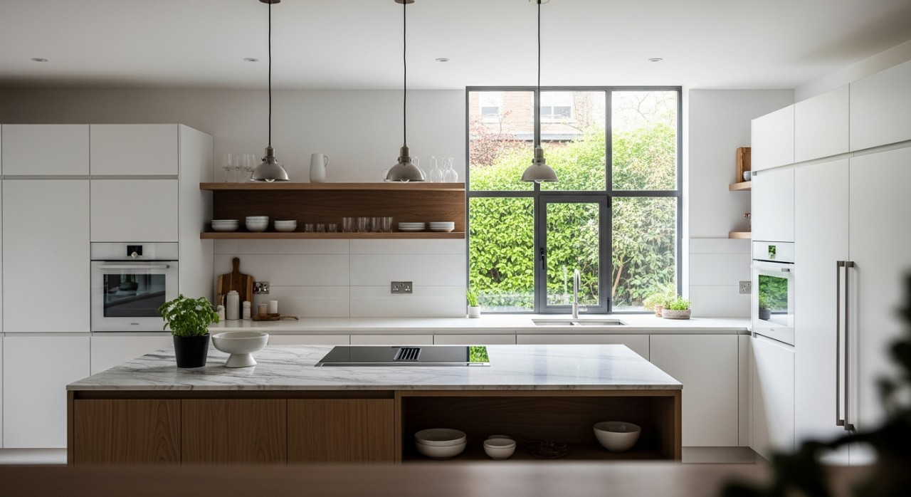 Kabinet dapur berwarna putih dengan susunan perkakas yang kemas dan teratur.