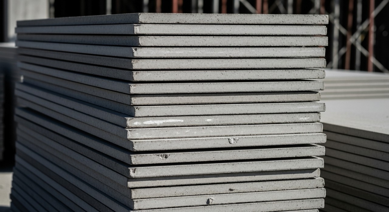 Kepingan siling asbestos berbentuk segi empat yang disusun rapi