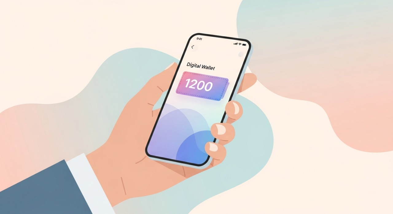 Seseorang memegang telefon pintar yang memaparkan baki kredit e-wallet pada skrin.