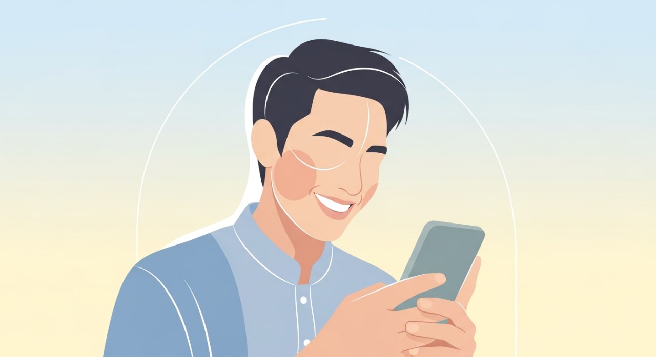 Seorang pemuda sedang melihat skrin telefon pintar dengan riak wajah gembira