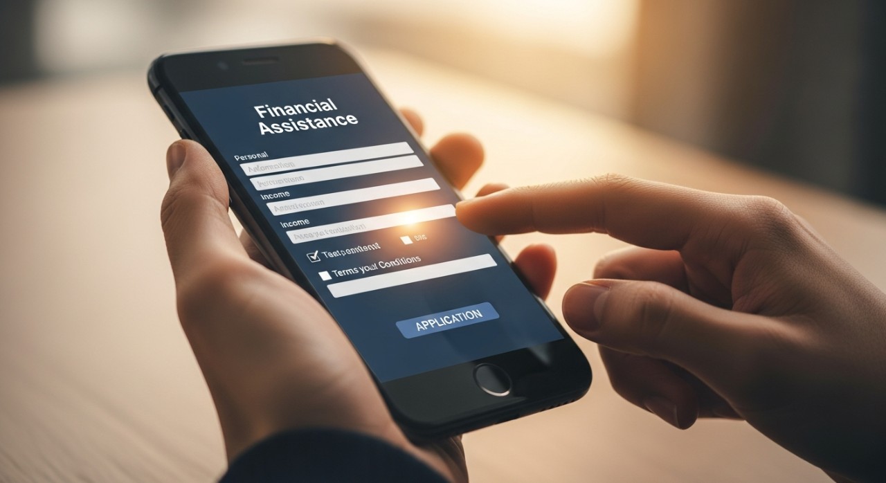 Seorang individu sedang menyemak status permohonan bantuan pada skrin telefon pintar