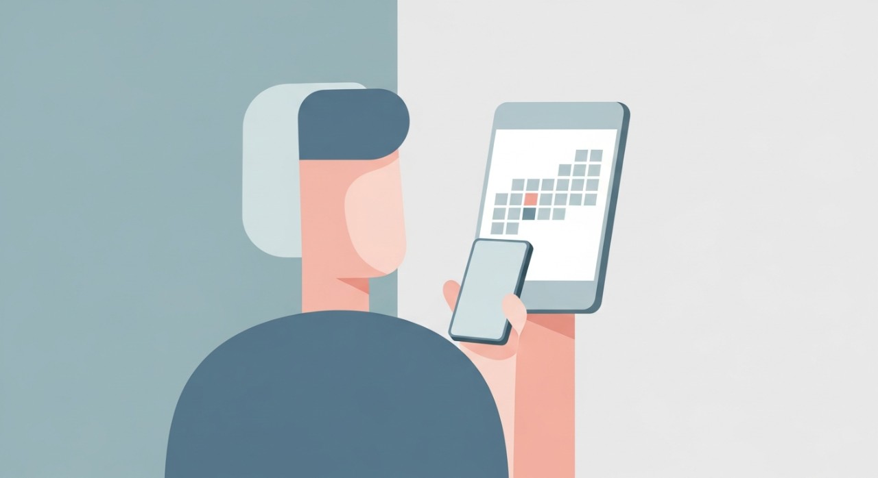 Seseorang sedang melihat skrin telefon pintar yang menunjukkan paparan kalendar digital.