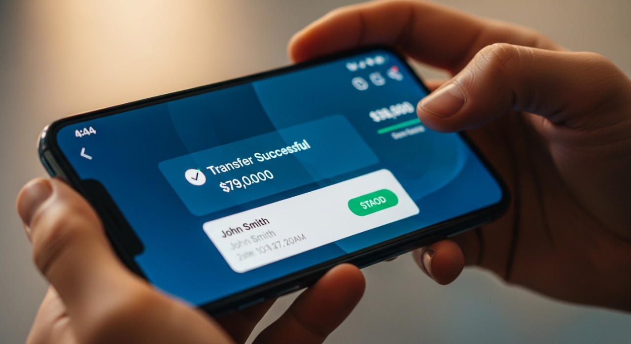 Seorang individu sedang melihat paparan transaksi berjaya di skrin telefon pintar.