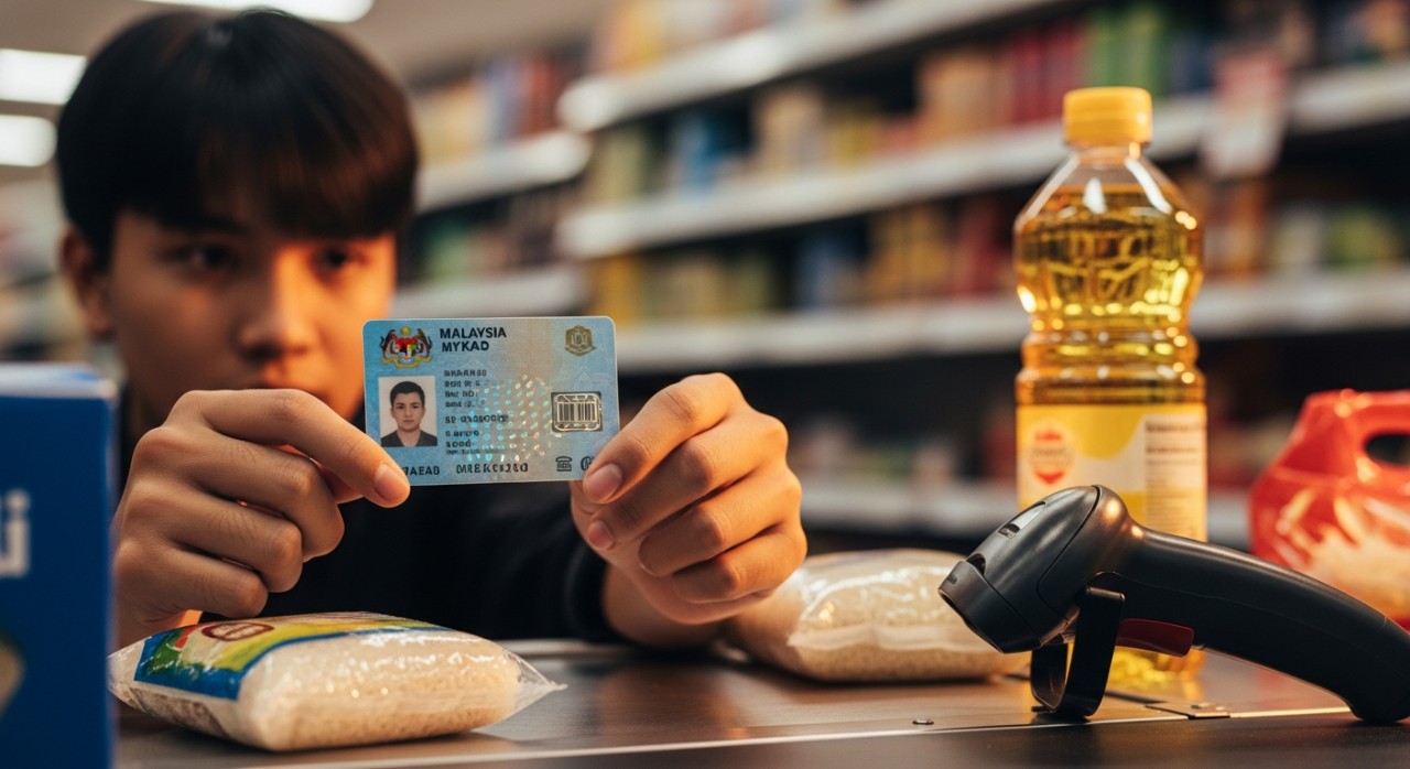 Seorang individu sedang menunjukkan kad pengenalan untuk menebus bantuan barangan asas di kedai runcit.