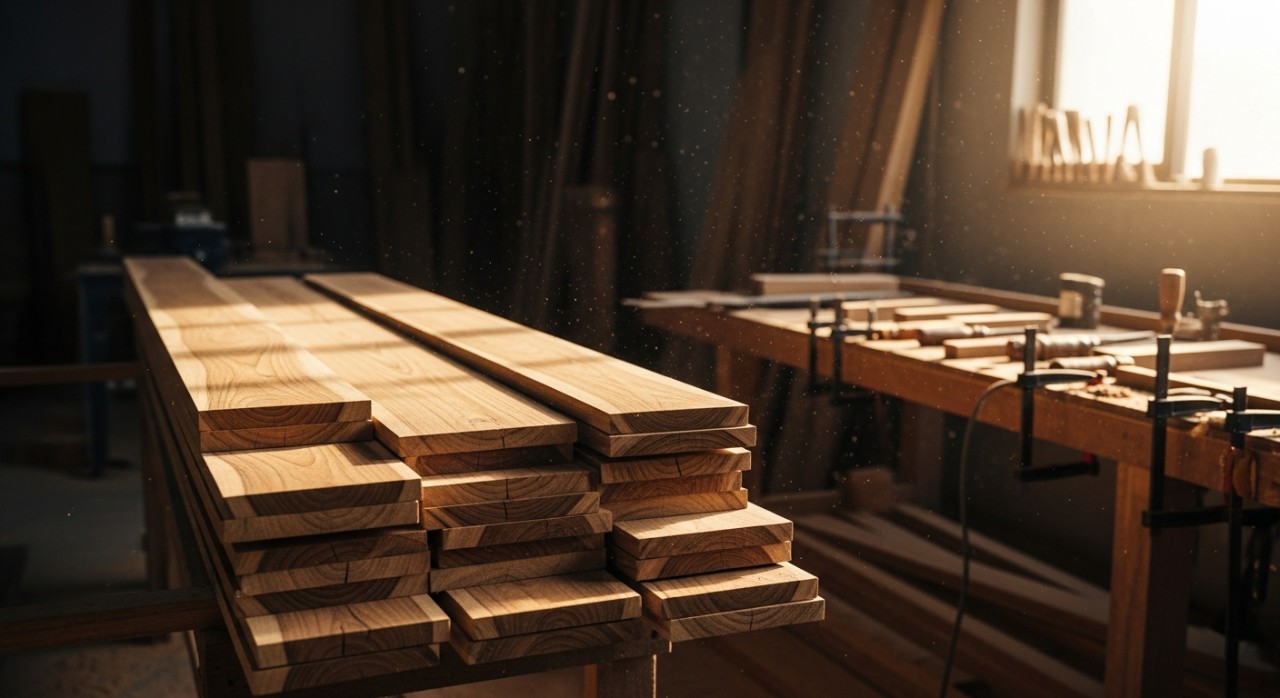Papan kayu jati dengan urat kayu yang jelas diletakkan di bengkel pertukangan
