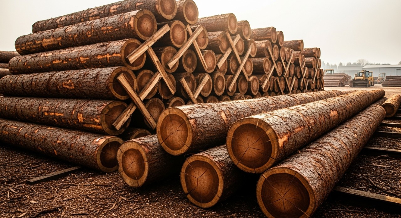 Tumpukan batang kayu belian yang sudah dipotong kemas di kawasan simpanan kayu