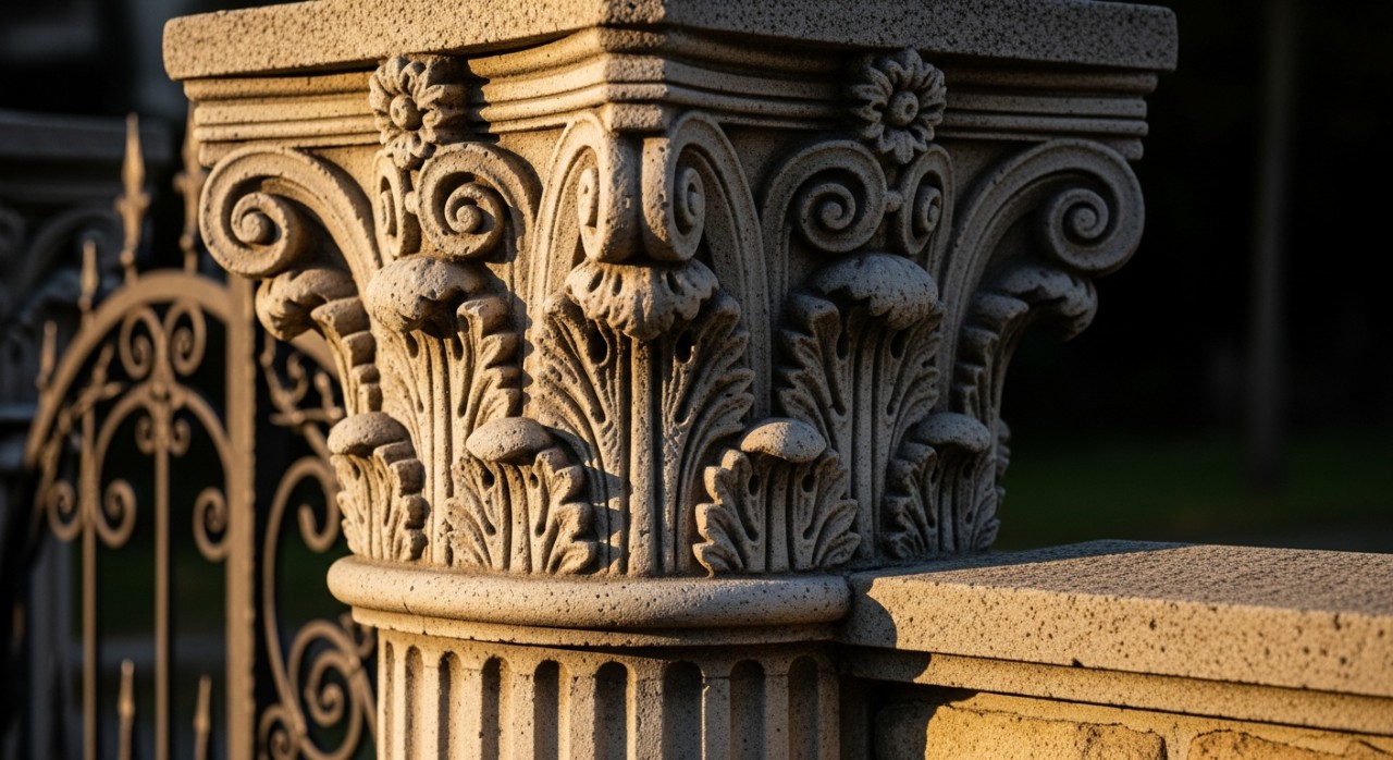 Tiang pagar konkrit gaya roman dengan motif ukiran yang terperinci di halaman rumah.