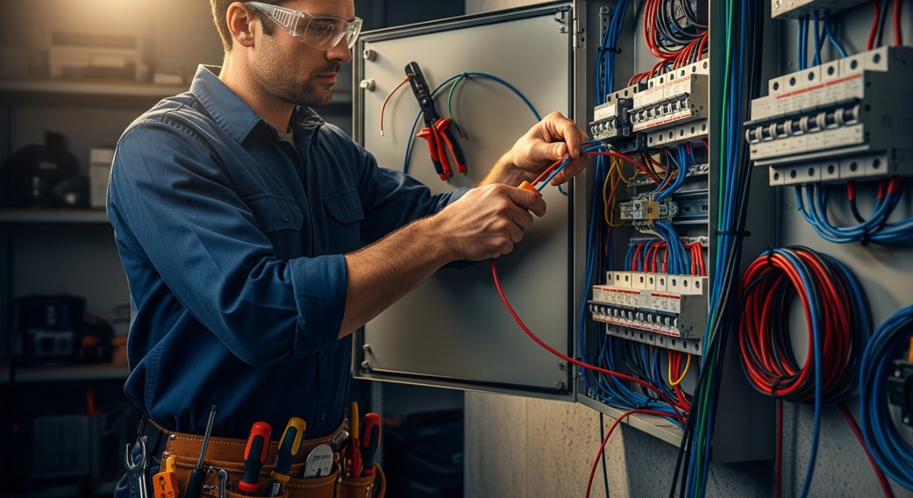 Seorang juruelektrik sedang memasang kabel pada kotak agihan elektrik di dalam rumah