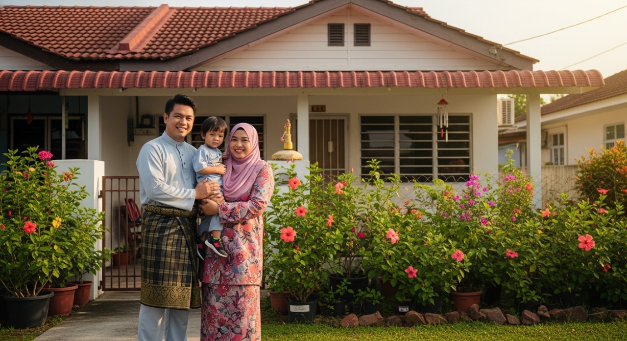 Sepasang suami isteri dan anak kecil berdiri di hadapan rumah baru yang ringkas dan selesa.