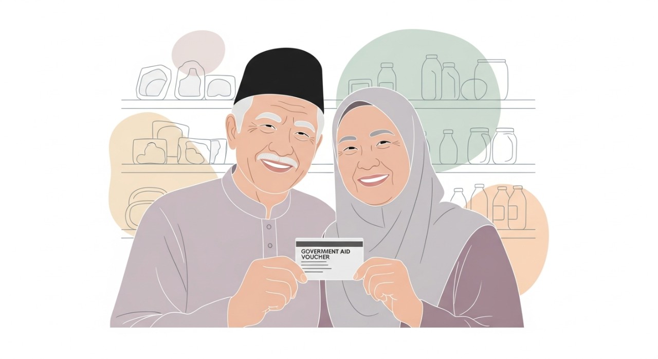 Sepasang warga emas tersenyum sambil memegang kad bantuan di hadapan pasar raya